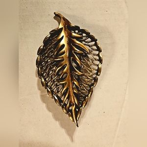 Antique bronze tone filigree leaf brooch